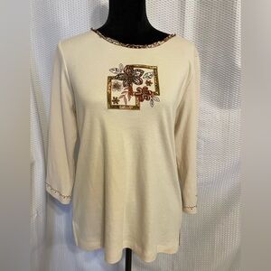 Alfred Dunner beige floral embroidery accent 3/4 sleeve blouse size small